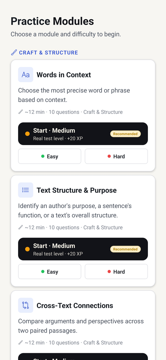 Maestria practice modules with difficulty tiers