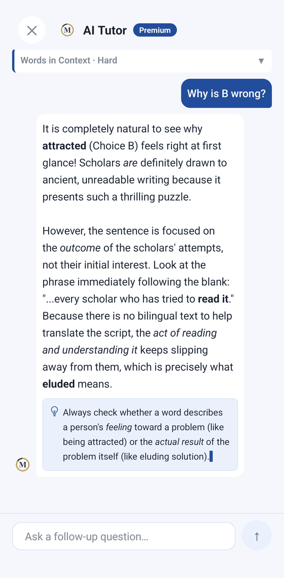 The Maestria AI tutor explaining why a wrong answer is wrong on a Words in Context question